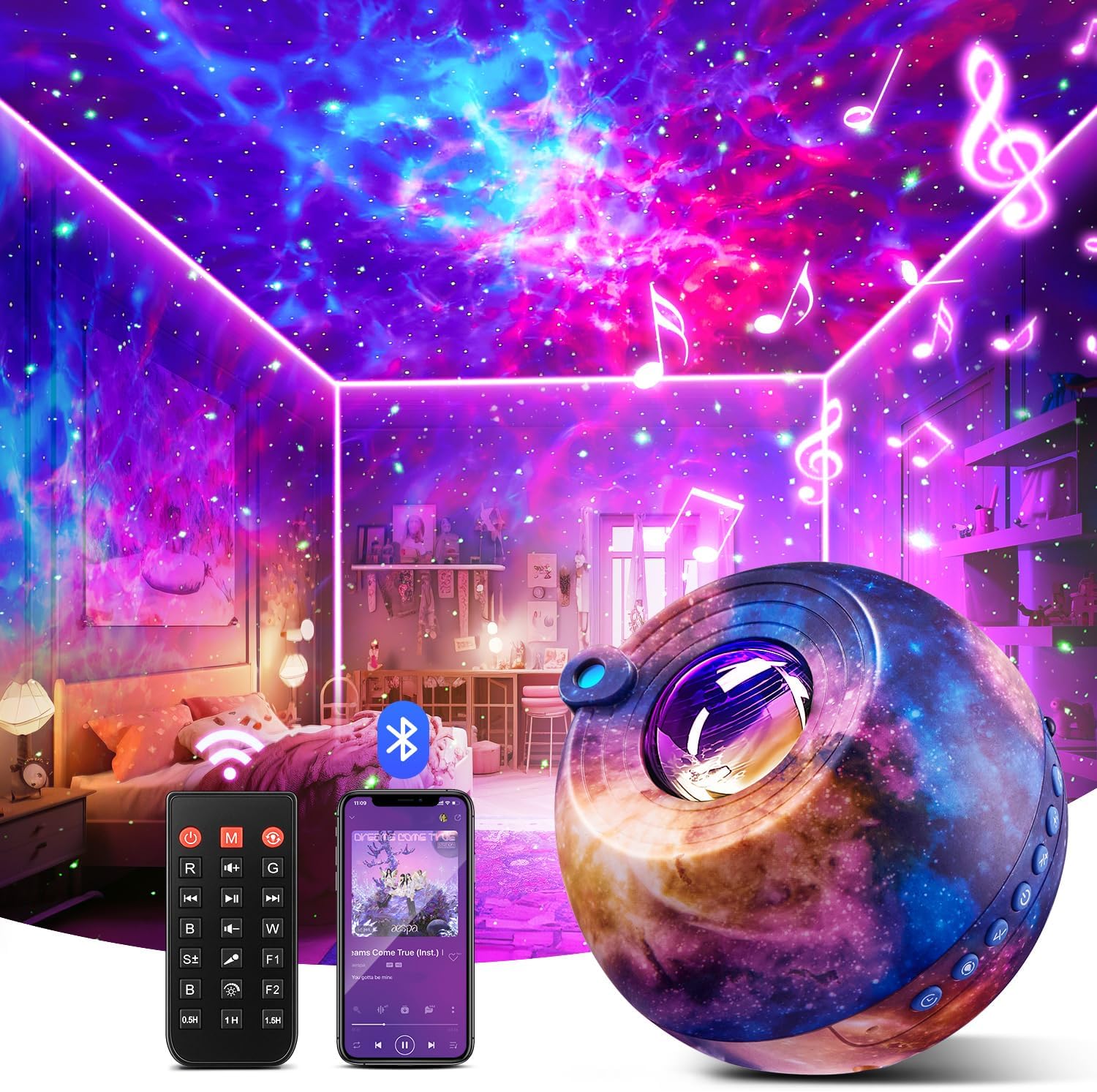 Projetor de Galáxia com Luz Noturna e Bluetooth - uso